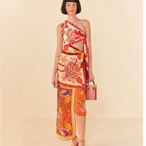 FARM Rio Orange & Pink Asymmetrical One-Shoulder Cutout Dress